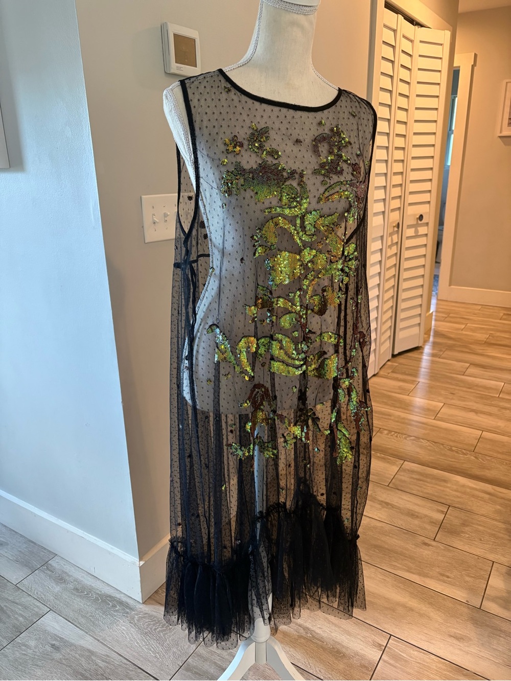 Free People Festival Black Sheer Mesh Dress with Green Sequin Embroidery, boho - Picture 2 of 11
